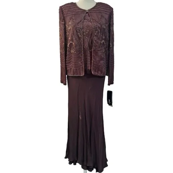 Adrianna Papell 3 Pc Set Silk Embellish Top Skirt Jacket Wedding Party Plum Sz10